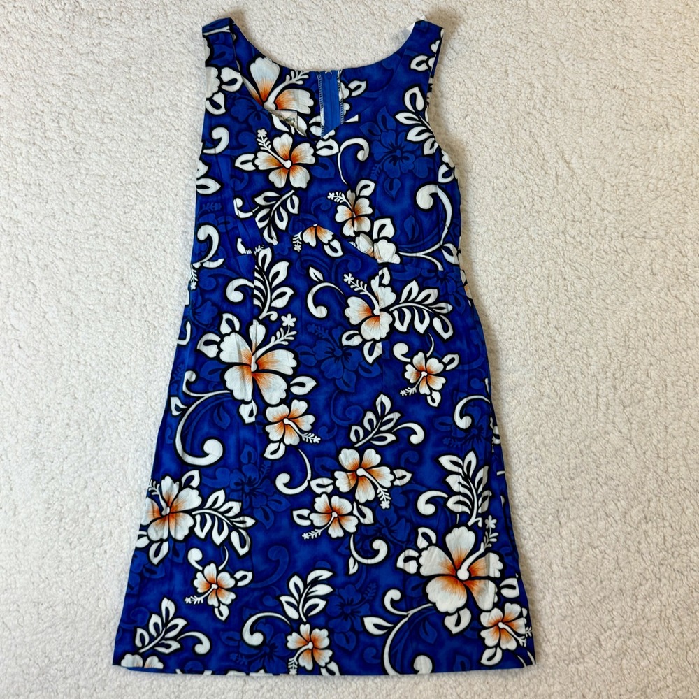 Hilo Hattie Vintage 10 (modern 4) Hawaiian Dress Blue Floral Cotton Made in HI - Picture 2 of 9